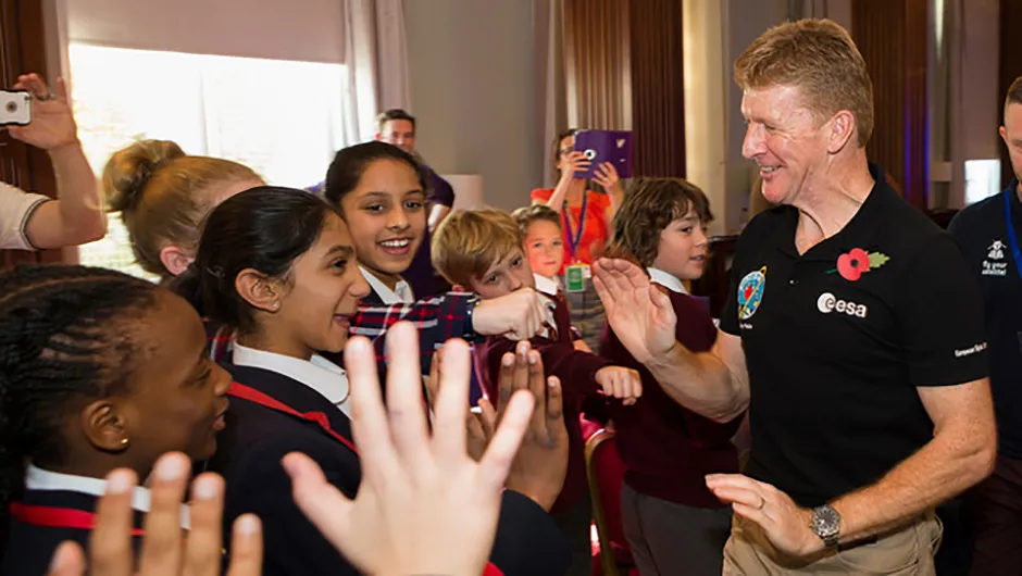 Peake pictured during the UK Space Agency Schools Conference hosted by the University of Portsmouth at the city’s Guildhall, November 2016. Outreach projects with UK schools are a major part of the British astronaut’s mission, both on and off terra firma.Credit: UK Space Agency