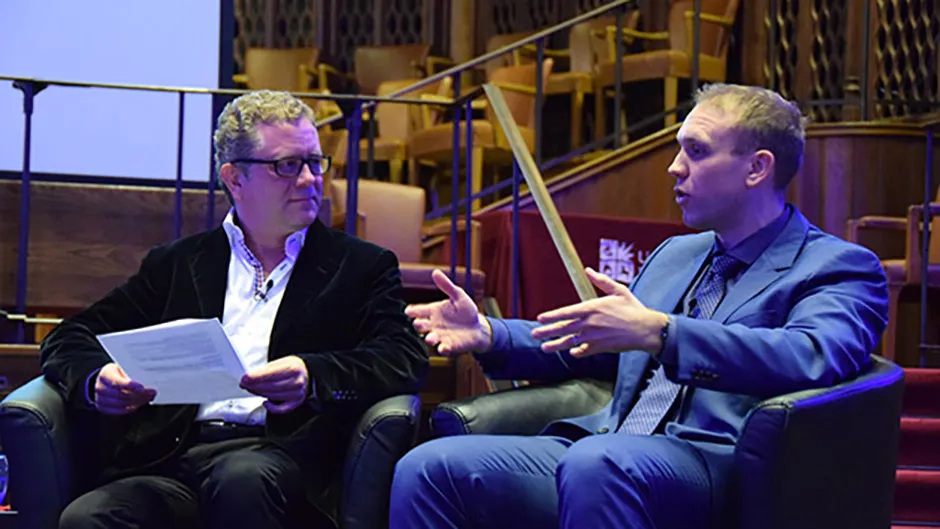ESA's Dr James Carpenter discusses the significance of lunar exploration with comedian and host Jon Culshaw. Credit: Philippa Walker/University of Bristol