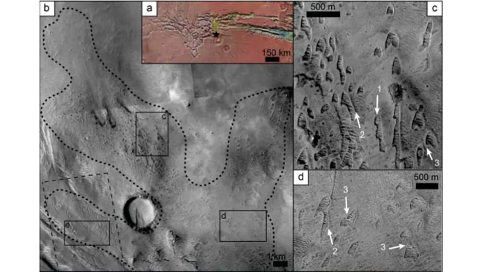 The locations of the dunes at Noctis Labyrinthus (b), just west of Vallis Marinaris at the black star (a). Close-ups of the pits (c) and (d) show them as crescent shapes similar to barchan dunes found on Earth. Credit: Mackenzie Day and David Catling/ AGU