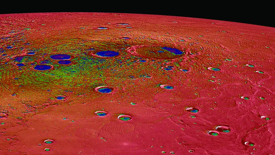 Mercury’s north polar region, coloured by maximum surface temperature. Red represents a toasty 125ºC or more Credit: NASA/Johns Hopkins University Applied Physics Laboratory/Carnegie Institution of Washington