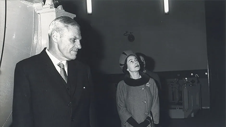 The Queen visits the INT for its inauguration, accompanied by then Astronomer Royal Richard Woolley, 1 December 1967. Credit: Science Projects Ltd.