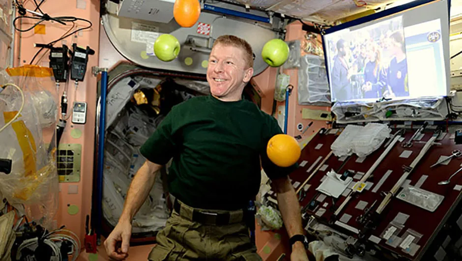 Fresh fruit: enough to put a smile on the face of any astronaut. Here, British astronaut Tim Peake demonstrates how easy juggling is in a weightless environment. Credit: ESA/NASA