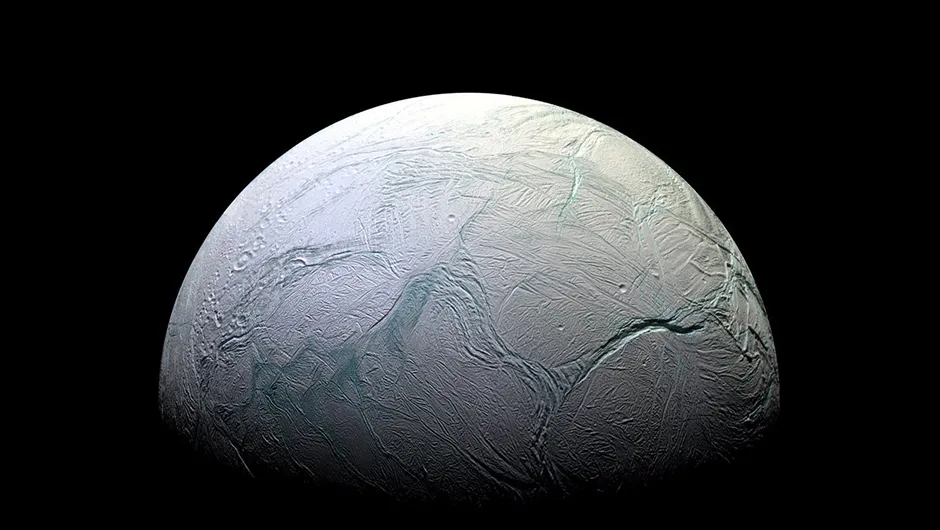 Enceladus’s cratered crust, as seen by the Cassini spacecraft. What lies below, in the moon’s subsurface ocean?Credit: NASA/JPL-Caltech/Space Science Institute