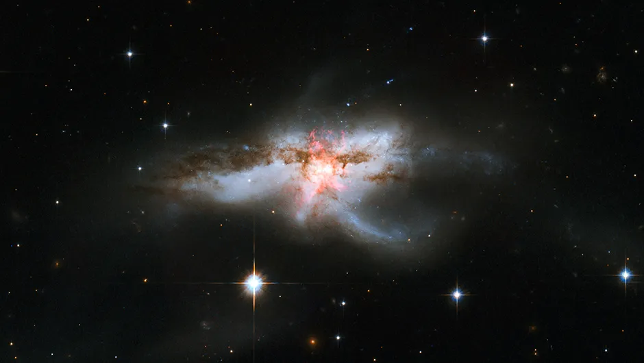 Hubble Space Telescope image of galaxy NGC 6240. The galaxy didn't always look like this; its distorted appearance is a result of a galactic merger that occurred when two galaxies drifted too close to one another. This merger sparked bursts of new star formation and triggered many hot young stars to explode as supernovae.