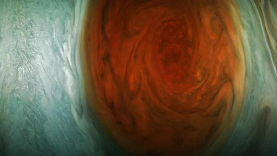 An image of Jupiter’s Great Red Spot captured during its flyby. This is the closest view of the planet’s huge storm ever captured. Credit: NASA/JPL-Caltech/SwRI/MSSS/Gerald Eichstädt
