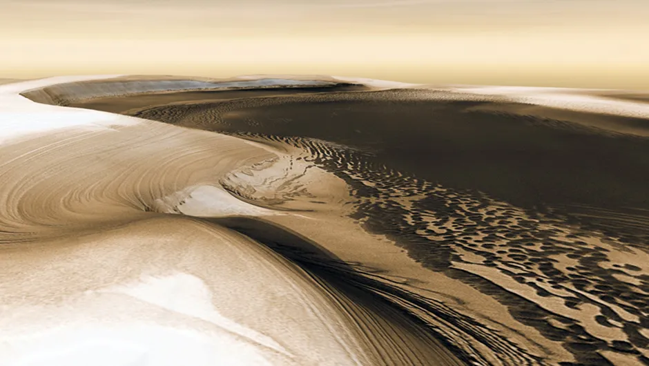 An image of Chasma Boreale, a long valley that cuts into Mars’s north polar icecap, captured by NASA’s Mars Odyssey. Credit: NASA/JPL-Caltech/ASU