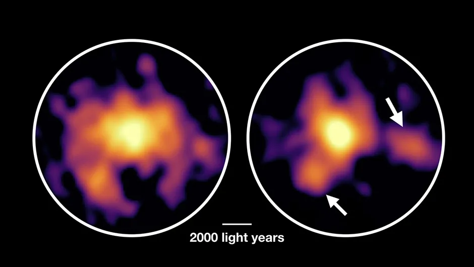 A gas map (left) and a dust map (right) of galaxy COSMOS-AzTEC-1. Two dense clouds were discovered several thousand lightyears away from the centre. These clouds are unstable and thought to be the sites of intense star formation. Credit: ALMA (ESO/NAOJ/NRAO), Tadaki et al.