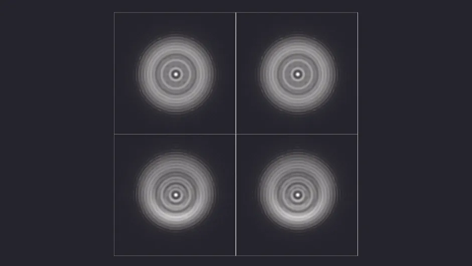 The top two images show a simulated Airy disk, appearing as a series of concentric rings. The bottom two show coma aberrations. Image Credit: Steve Richards