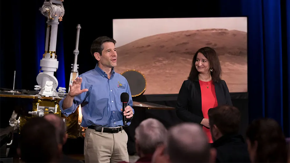 Dr Abigail Fraeman pictured with John Callas, project manager of the Spirit and Opportunity Mars rovers, at a mission debriefing looking back on the rovers' achievements at NASA's Jet Propulsion Laboratory, 13 February 2019.Credit: NASA/JPL-CaltechMars Exploration Rover - Opportunity Requesters: Veronica McGregor Photographer: R. Lannom Date: 13-FEB-2018 Photolab order: IMCOPS / 18.10.03.08