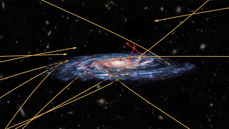 Scientists were surprised to find hypervelocity stars speeding towards the Milky Way’s centre.Copyright: ESA (artist's impression and composition); Marchetti et al. 2018 (star positions and trajectories); NASA/ESA/Hubble (background galaxies); CC BY-SA 3.0 IGO