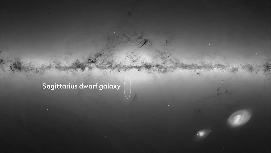 Gaia's map of the Milky Way and neighbouring galaxies, created using measurements of almost 1.7 billion stars. Gaia revealed that a near hit with the Sagittarius dwarf galaxy 300–900 million years ago triggered odd ripples in our GalaxyCredit: ESA/Gaia/DPAC, CC BY-SA 3.0 IGO