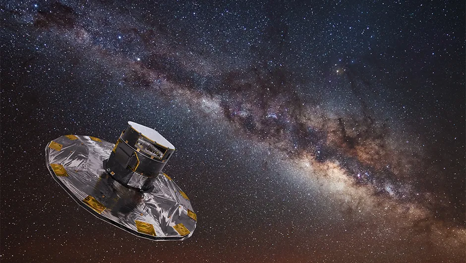 An artist's impression of the Gaia spacecraft mapping the Milky Way Copyright ESA/ATG medialab; background: ESO/S. Brunier