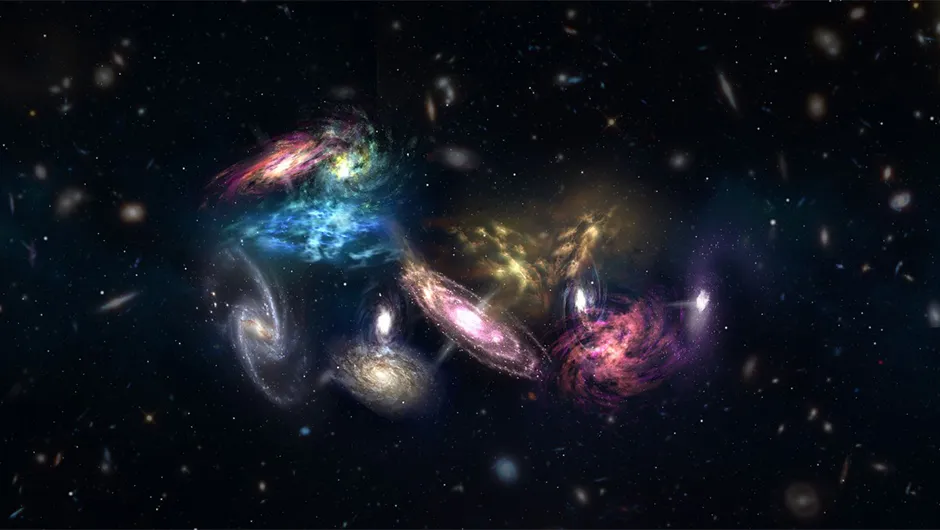An artist’s impression of 14 galaxies on the verge of forming the core of a massive galaxy cluster. Credit: NRAO/AUI/NSF; S. Dagnello