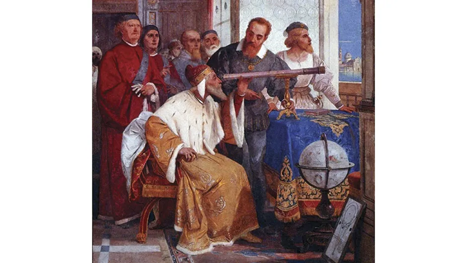 A fresco by Giuseppe Bertini portraying Galileo showing the Doge of Venice how to use a telescope. Galileo was among the first to observe Jupiter's Galilean moons. Credit: Giuseppe Bertini
