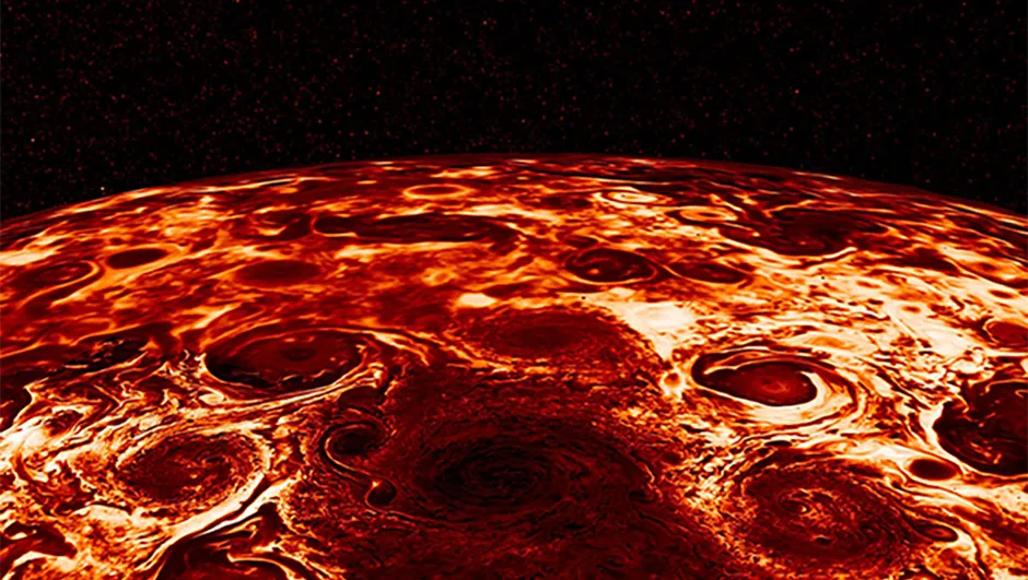 composite image showing the central cyclone at Jupiter’s north pole and the eight cyclones that encircle it.Credit: NASA/JPL-Caltech/SwRI/ASI/INAF/JIRAM