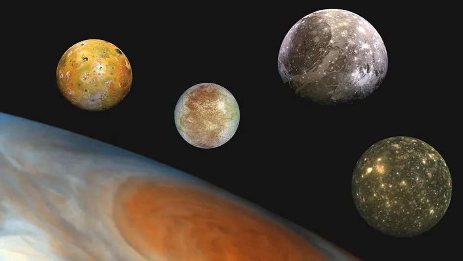 An illustration showing Jupiter's Galilean moons, from left to right Io, Europa, Ganymede, Callisto. Credit: NASA/JPL/DLR