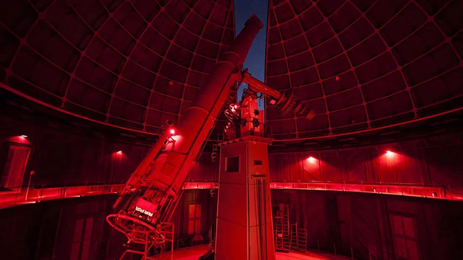 The Great Refractor in action, on one of the nights Scott and Nick looked through the eyepiece for the first time.Credit: UC Regents / Lick Observatory (Scott Lange | Nick Foster)