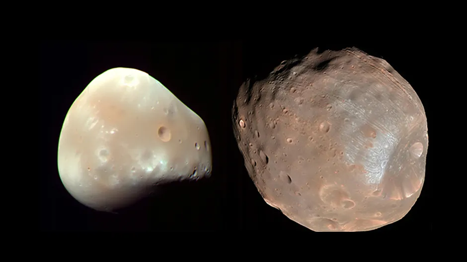 Two separate images of Deimos (left) and Phobos (right) captured by NASA's Mars Reconnaissance Orbiter. Image Credit: NASA/JPL-caltech/University of Arizona