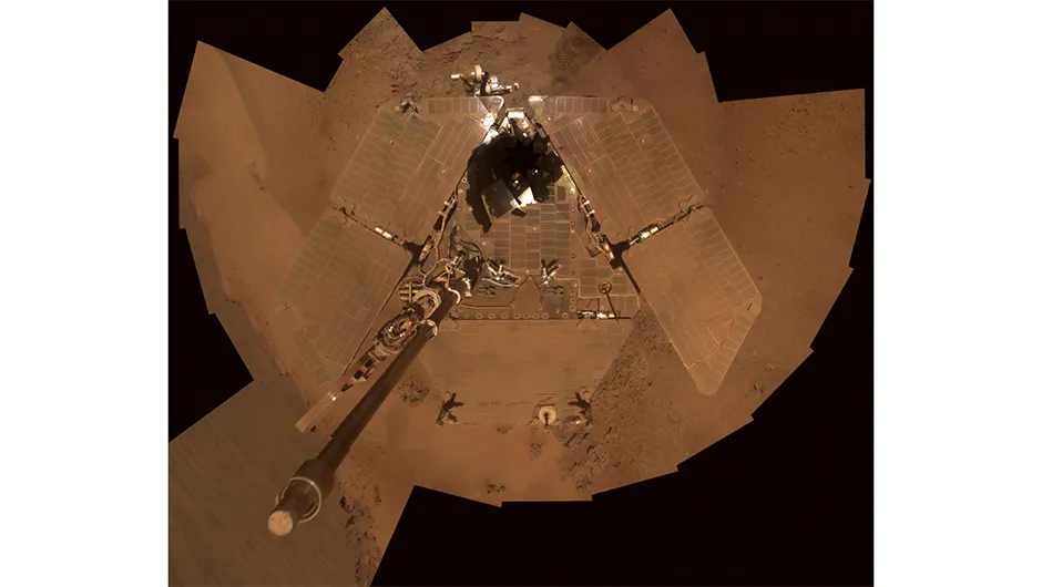 A selfie captured by the Opportunity rover, composed of different images taken between 21-24 December 2011. This view clearly shows dust accumulated on the rover's solar panels.Credit: NASA/JPL-Caltech/Cornell/Arizona State Univ.