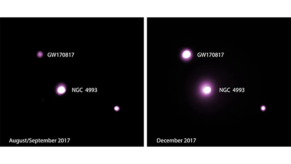 This image shows the X-ray counterpart to the gravitational wave source GW170817, produced by the merger of two neutron stars. Left shows how it appeared to the Chandra X-ray Observatory late August and early September 2017, and right, early December 2017.Credit: NASA/CXC/McGill/J.Ruan et al.