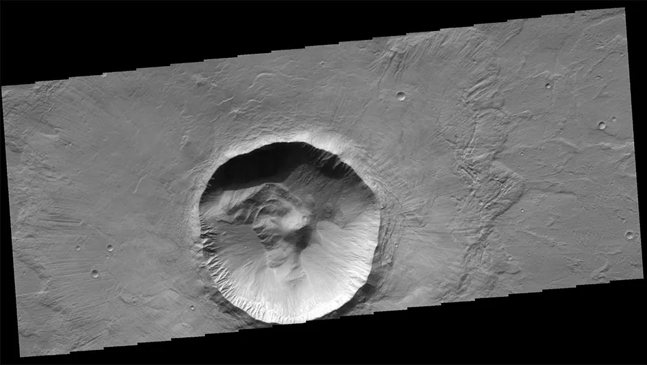 Diagonal striping on this map of the Utopia Planitia region shows the area where the water ice deposit was found.Credit: NASA/JPL-Caltech/Univ. of Rome/ASI/PSI
