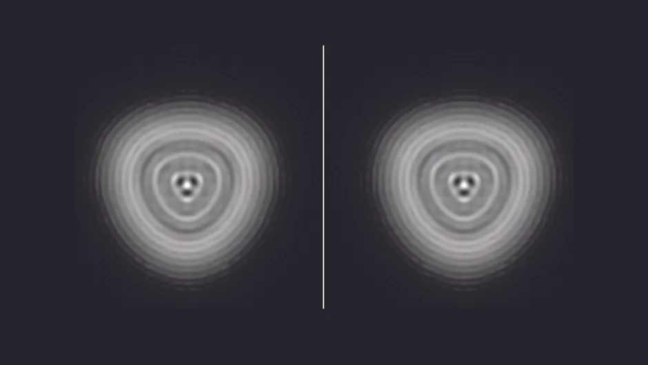 A simulated Airy disk showing pinched optics. Left shows inside focus; right shows outside focus.Credit: Steve Richards