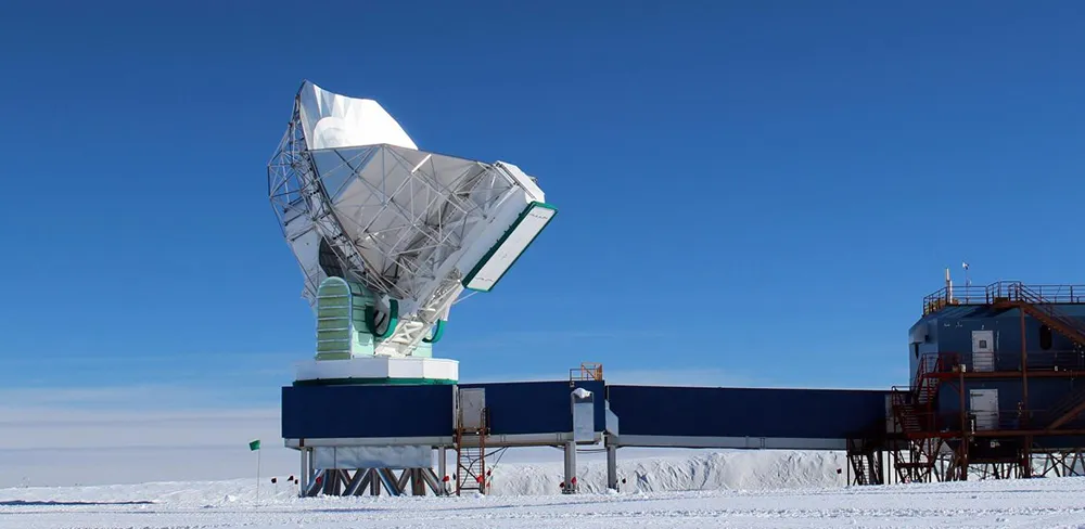 The South Pole Telescope in Antarctica is one of eight telescopes around the world that took part in the observations. Combining the observing power of multiple instruments creates a telescope array that can see deeper into the Universe.Credit: University of Arizona / Dan Marrone