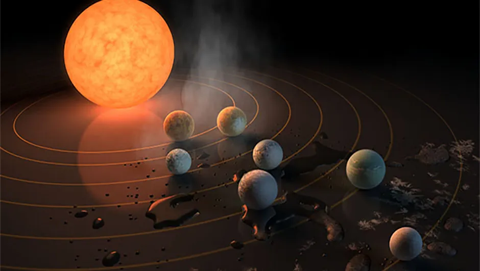 An artist’s impression of the system surrounding the ultra-cool dwarf star, TRAPPIST-1. Credit: NASA/JPL-Caltech