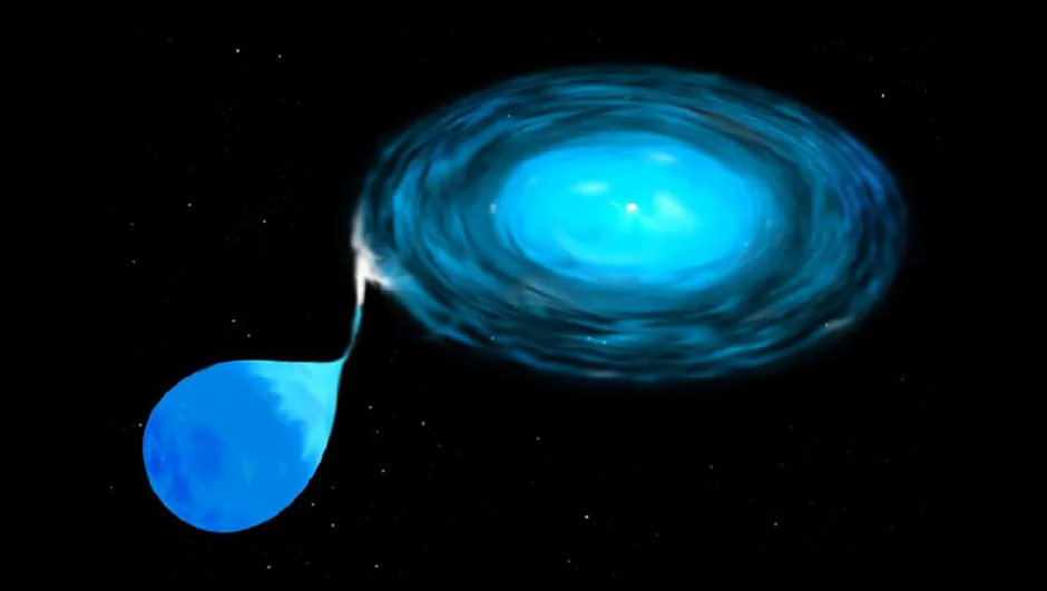 Artist's impression of a binary star system, one of which is a white dwarf. The white dwarf steals material from its neighbour and eventually explodes, causing a Type Ia supernova. Credit: NASA