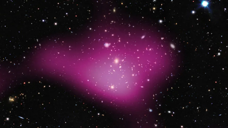 This image shows the calculated presence of dark matter, represented in pink, as detected by the Kilo-Degree Survey. Credit: Kilo-Degree Survey Collaboration/A. Tudorica & C. Heymans/ESO