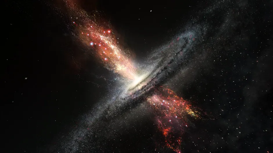 An artist’s impression of powerful jets of material shooting out of a supermassive black hole at the centre of a galaxy Image Credit: ESO/M. Kornmesser