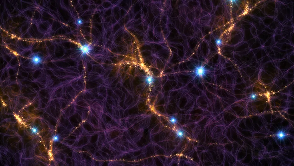 An artist’s impression showing part of the cosmic web, a structure of galaxies extending across the sky. The bright blue flashes are the signals from Fast Radio Bursts. Credit: M. Weiss/CfA