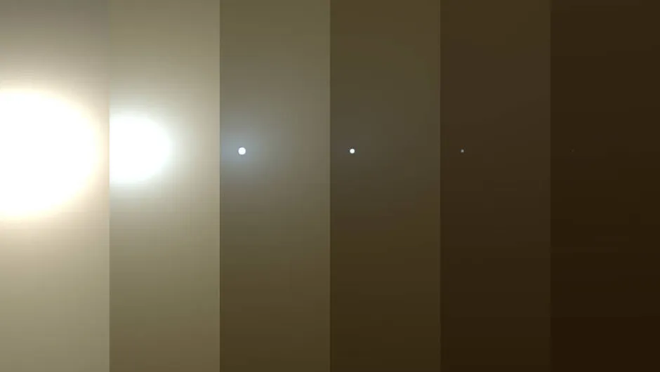 This series of images shows simulated views of a darkening Martian sky blotting out the Sun from NASA’s Opportunity rover’s point of view, with the right side simulating Opportunity’s current view in the global dust storm (June 2018). Credits: NASA/JPL-Caltech/TAMU