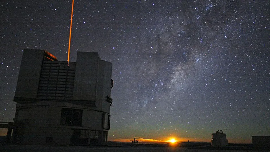 The Very Large Telescope (foreground) in Chile, the telescope used by SONYC to survey star clusters for brown dwarfs. Credit: A. Tudorica/ESO