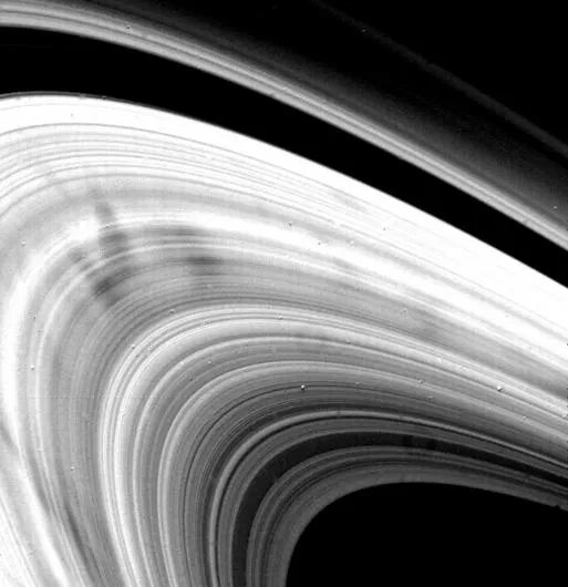 Saturn rings with 'spoke' features in the inner B-ring. The spokes are thought to consist of microscopic dust particles suspended by electrostatic repulsion and appear as shadows on the image. (Credit: NASA/JPL)