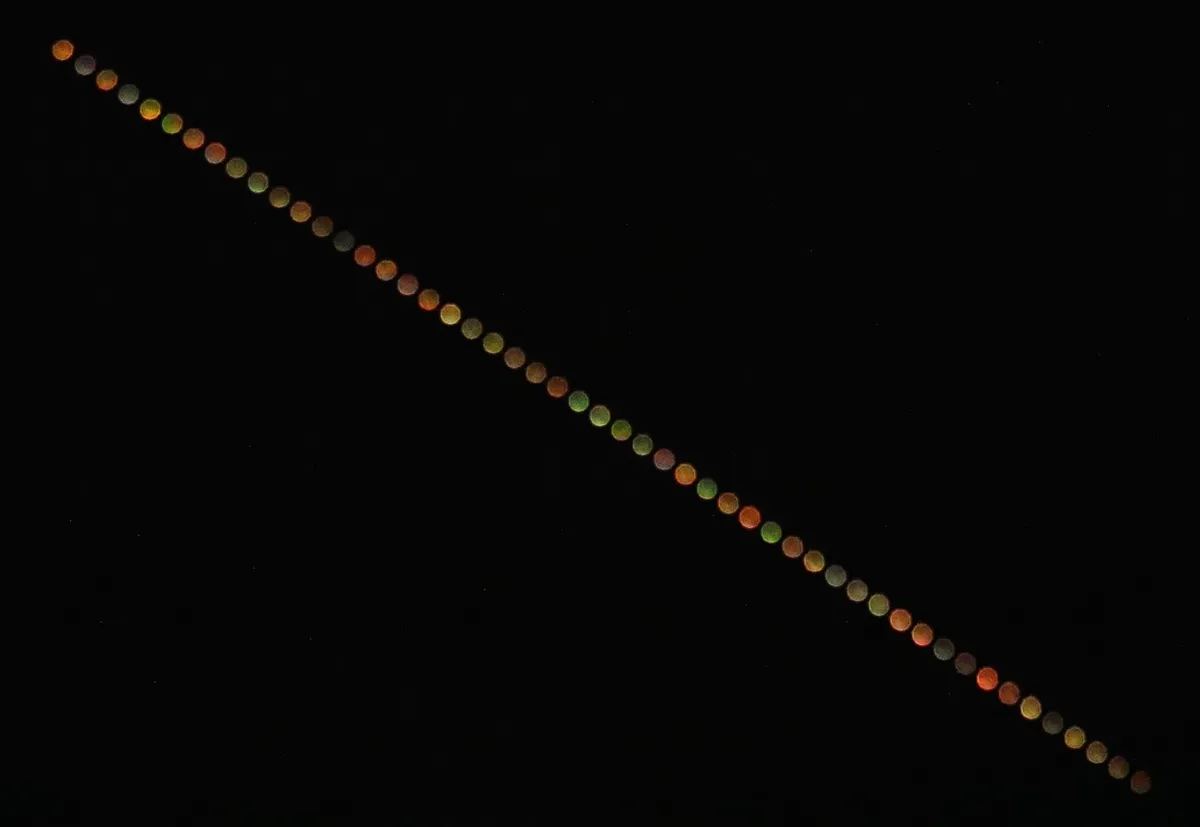 The variability of Betelgeuse is seen in this image captured by Amanda Cross: a composite showing Betelgeuse's apparent movement across the sky. Credit: Amanda Cross.