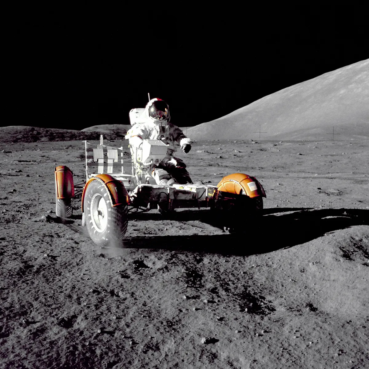 Gene Cernan takes the Lunar Roving Vehicle for a ride on the Moon during the Apollo 17 mission. (NASA)