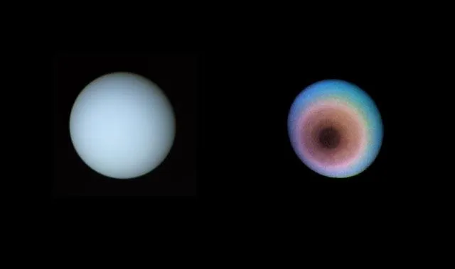 Uranus as photographed by Voyager 2 in 1986. The view is towards the planet's pole of rotation captured from 18 million km away. The left image is in the original colours that a human would see looking from the spacecraft. To the right, false-colours exaggerate a potential polar haze of smog-like particles. (Credit: NASA/JPL)