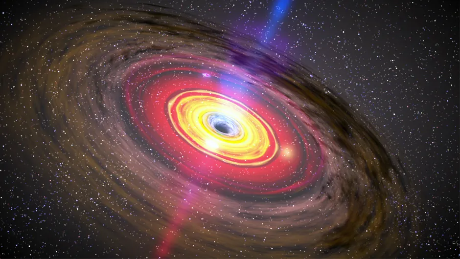 Le concept de cet artiste montre un trou noir doté d'un disque d'accrétion expulsant un jet de gaz chaud appelé plasma.  Crédit image : NASA/JPL-Caltech