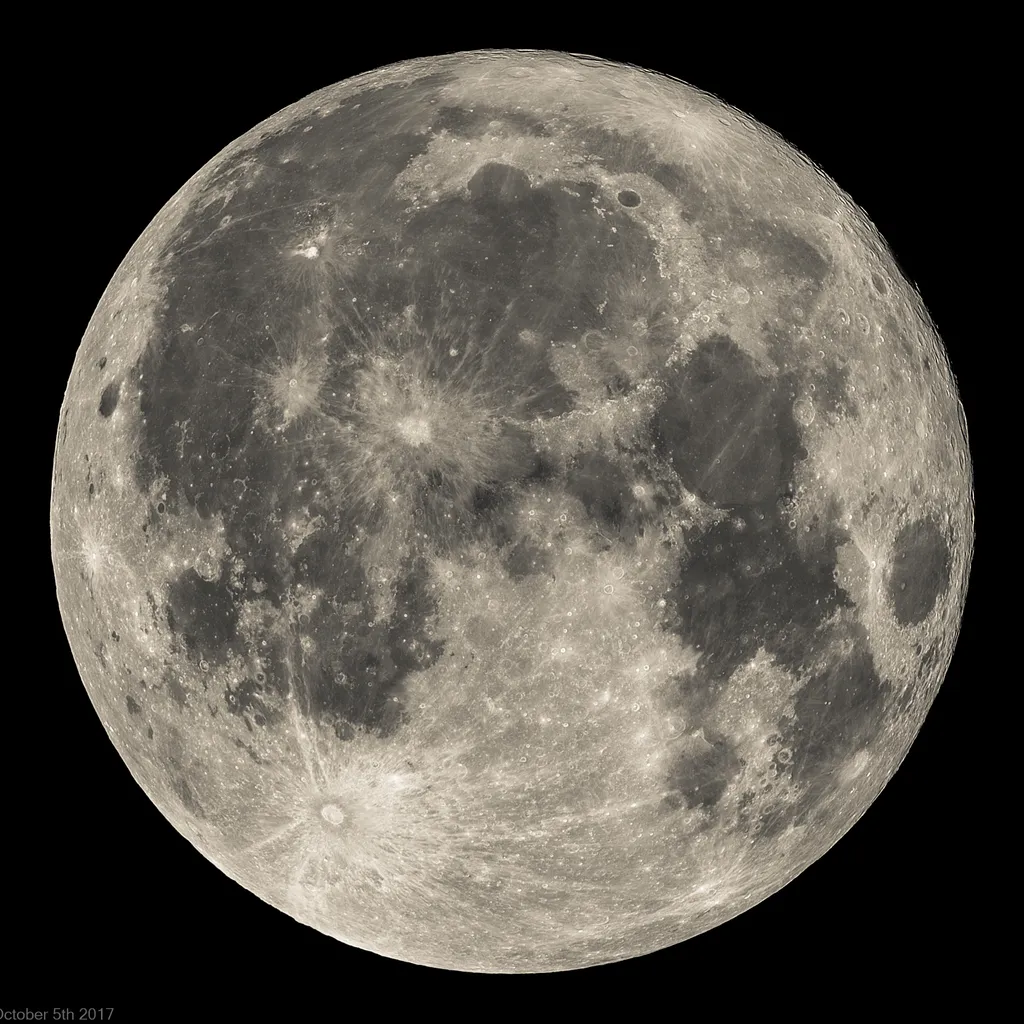 Kevin Jackson, Southport, 5 October 2017 Kevin says: “I love taking pictures of the Moon so the full Harvest Moon was extremely appealing. I'm a back garden amateur astrophotographer and find lunar photography a great and easy way of learning basic astrophotography skills.” Equipment: Altair Hypercam IMX178C, Altair Astro Starwave 102 ED doublet refractor (2017 version), Astro Physics CCDT67 Telecompressor, EQ3-2 mount, Moon filter.