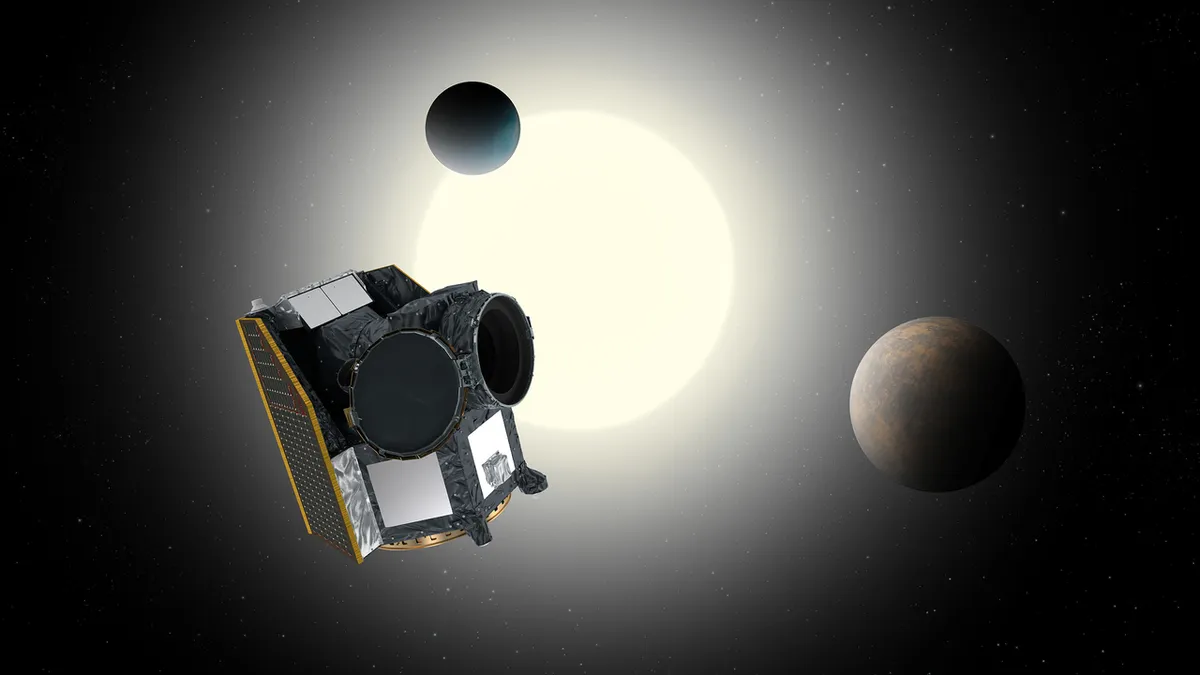 An artist's impression of ESA's CHEOPS mission, which will search for planets passing in front of their host star. Credit: Copyright: ESA/ATG medialab