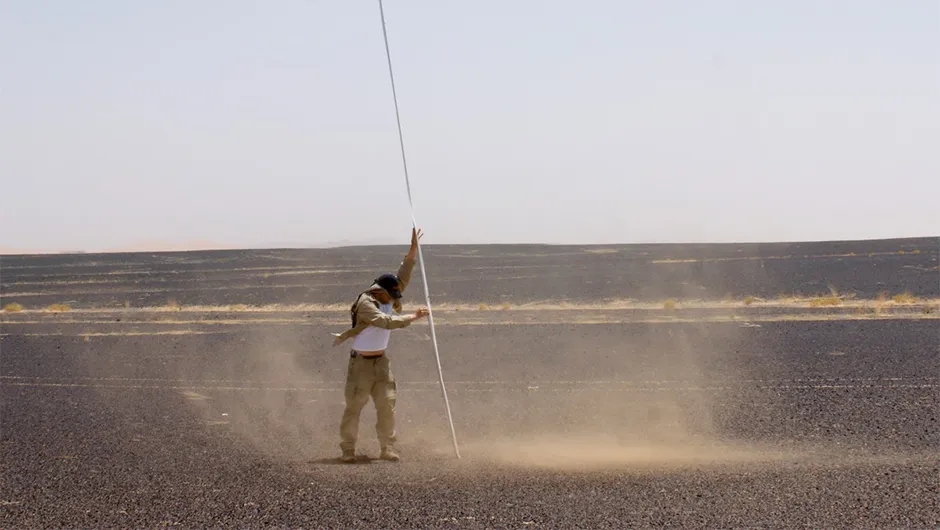Samples of a dust devil are captured during field campaign ‘Morocco 2016’. The samples are still under analysis.Credit: Jan Raack/Dennis Reiss.
