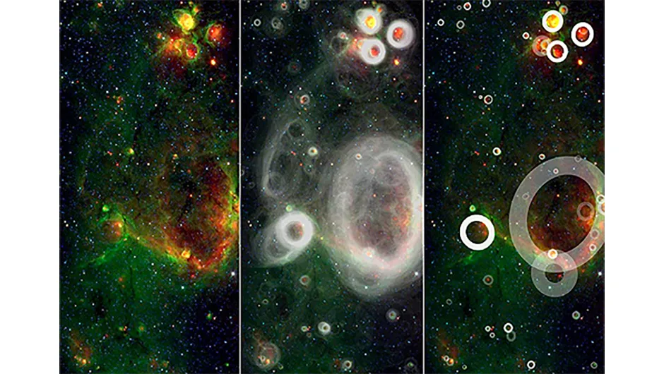 Some of the bubbles identified by users of the Milky Way Project (centre) and part of the final catalogue (right). Credit: NASA/JPL-Caltech/R. Simpson (Oxford University)