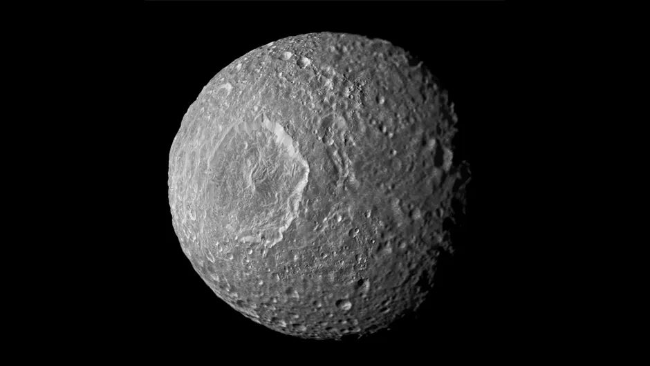 At mag.  12.9, perfect viewing conditions will be required to spot Saturn's moon Mimas.Credit: NASA/JPL-Caltech