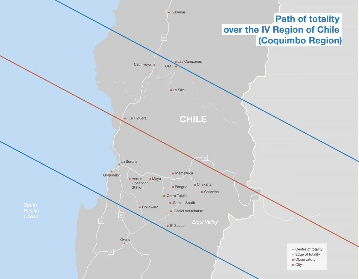 This map shows the location of some observatories in Chile and the total solar eclipse path on 2 July 2019. Credit: ESO