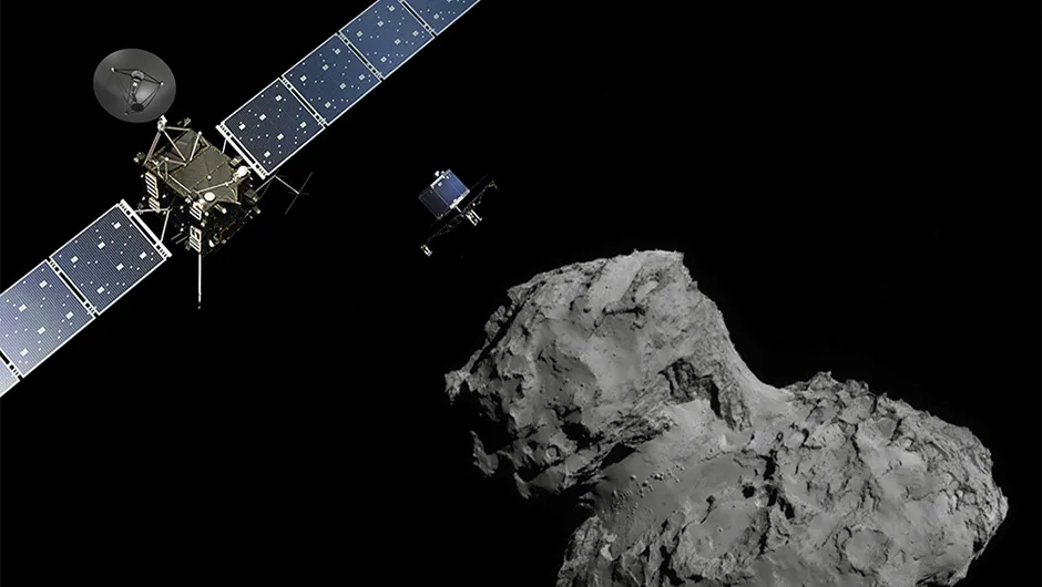 Missions such as Rosetta can reveal much about comets’ role in transporting water around the early Solar System.Credit: ESA/ATG medialab; Comet image: ESA/Rosetta/Navcam