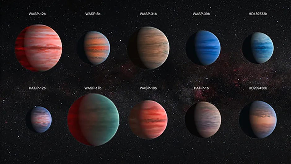 An artist’s impression of ten Jupiter-sized exoplanets, including WASP-12b, that were examined as part of a study published in 2015. The images are to scale.Credit: ESA/Hubble & NASA