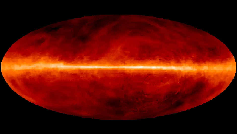 A map of the sky showing neutral hydrogen (the most abundant element) that has a frequency of 1,420MHz. There are no stars visible in this sky, only clouds of gas that cluster around the central bright line of the Milky Way.Credit: NRAO (F.Lockman)/UMn (J.Dickey)/SkyView (NASA)