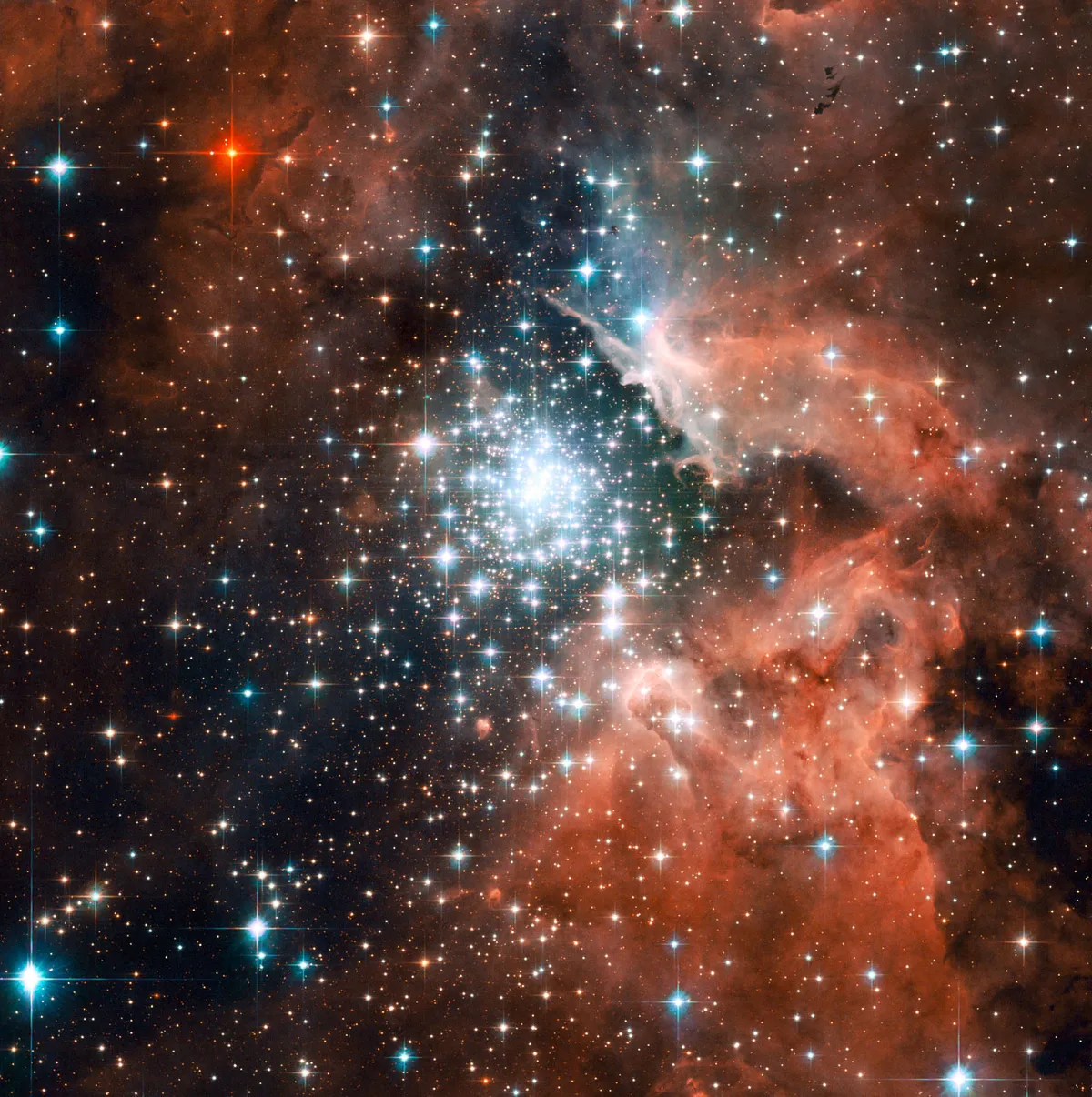 The star-forming region of NGC 3603. Situated in the Milky Way, this is one of the most impressive massive young star clusters in the Galaxy