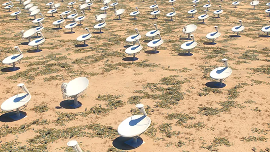 An artist’s impression of what the SKA telescope in South Africa will look like, once completed. A large number of dishes is more effective than a single, much larger dish. The area where these will be built will be a radio quiet zone, to help reduce interference.Credit: SKA Organisation/Swinburne Astronomy